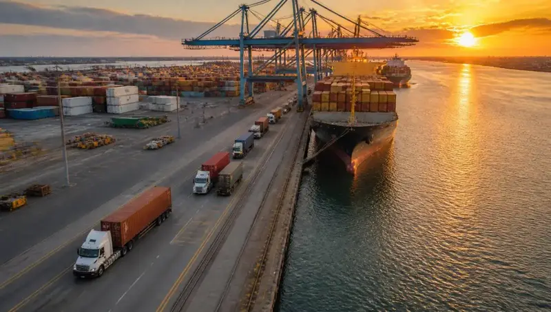 Aerial view of the Port of Virginia container terminal at sunset with trucks and cargo ships